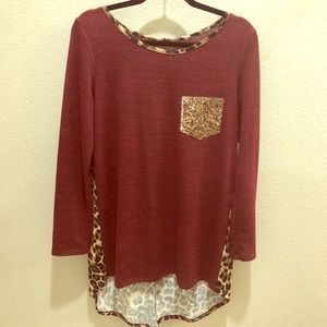 Maroon, glitter, leopard sweater top. LARGE.